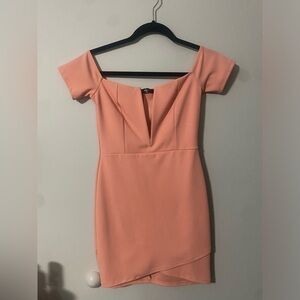 Lulus Blue Blush Deep V Off the Shoulder Coral Orange Mini Dress